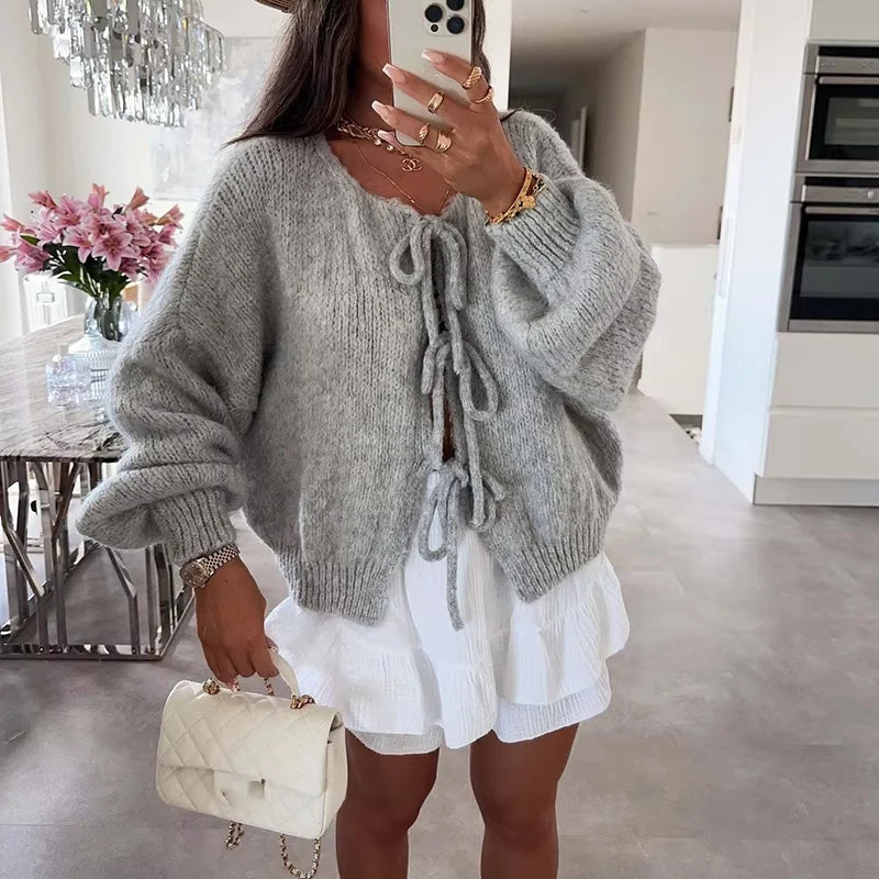 GETADME Autumn Warm Long Sleeved Sweater Lady Elegant Wool Long Sleeved Knitted Cardigan 2024 Casual Commuting Bow Tie-up Solid Sweater