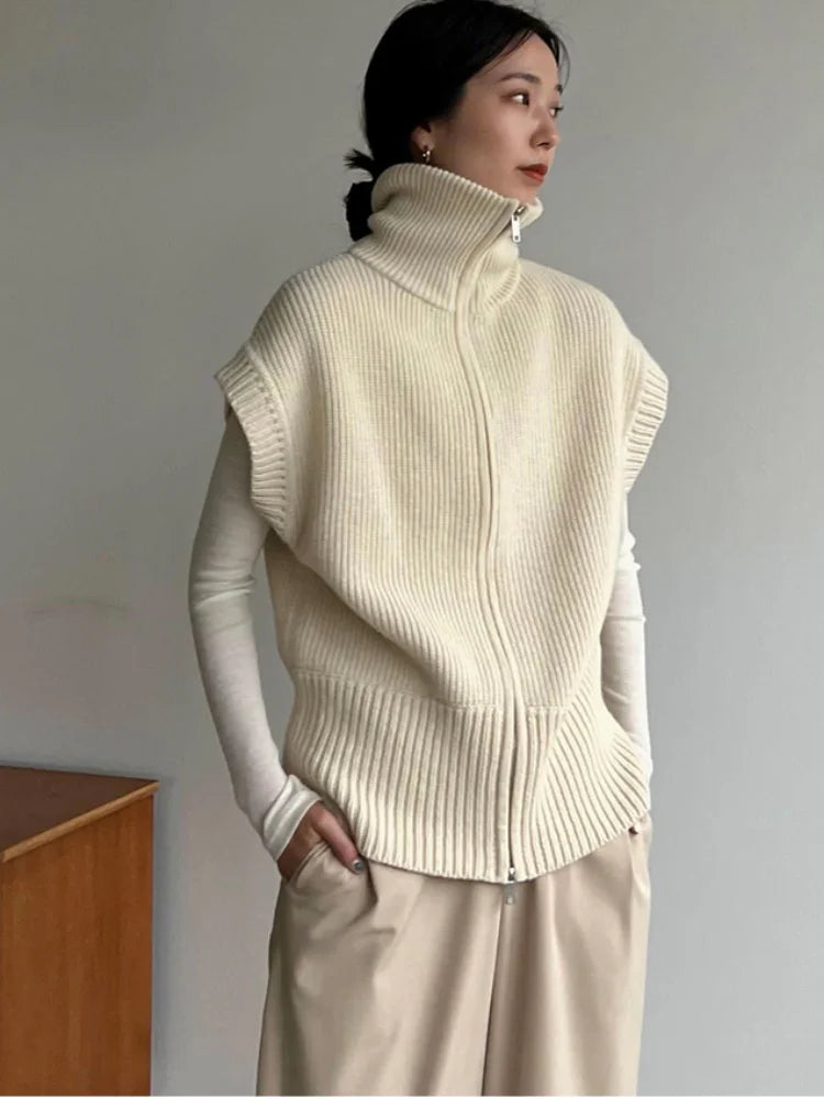 GETADME Autumn/Winter New High Neck Women Sweater High Quality Casual Fashion Sleeveless Zipper Undershirt Bottoming Basic Knit Tops