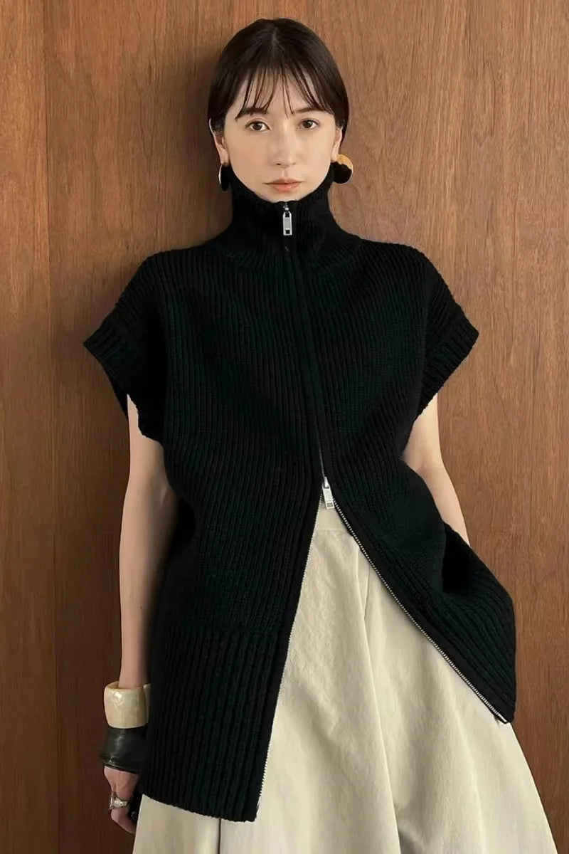 GETADME Autumn/Winter New High Neck Women Sweater High Quality Casual Fashion Sleeveless Zipper Undershirt Bottoming Basic Knit Tops