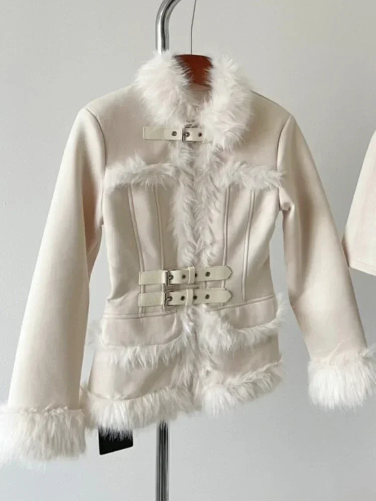 GETADME Autumn Winter Outwear Korean Fashion 2 Piece Skirt Set Woman Warm Fur Casual Coat + High Waist Slim Y2k Mini Skirt Suit Design