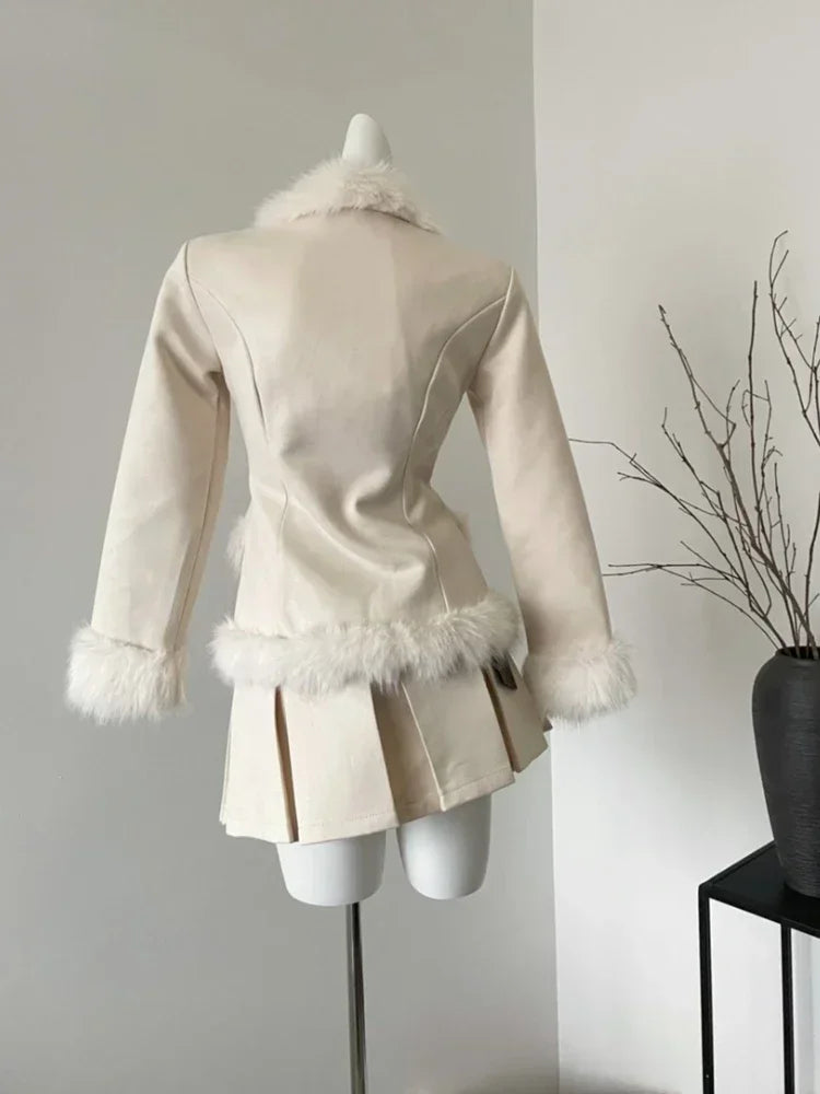 GETADME Autumn Winter Outwear Korean Fashion 2 Piece Skirt Set Woman Warm Fur Casual Coat + High Waist Slim Y2k Mini Skirt Suit Design