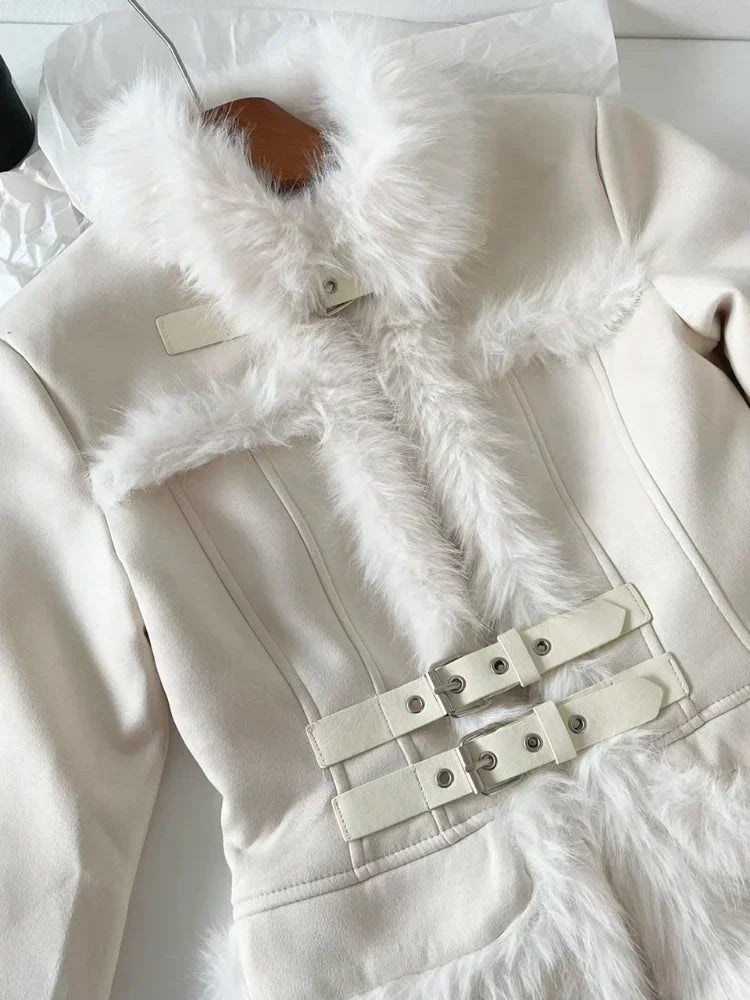 GETADME Autumn Winter Outwear Korean Fashion 2 Piece Skirt Set Woman Warm Fur Casual Coat + High Waist Slim Y2k Mini Skirt Suit Design