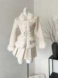 GETADME Autumn Winter Outwear Korean Fashion 2 Piece Skirt Set Woman Warm Fur Casual Coat + High Waist Slim Y2k Mini Skirt Suit Design