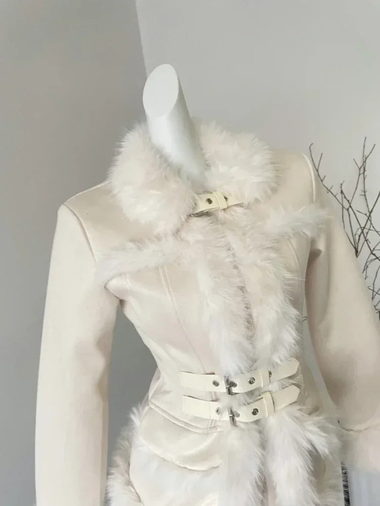 GETADME Autumn Winter Outwear Korean Fashion 2 Piece Skirt Set Woman Warm Fur Casual Coat + High Waist Slim Y2k Mini Skirt Suit Design