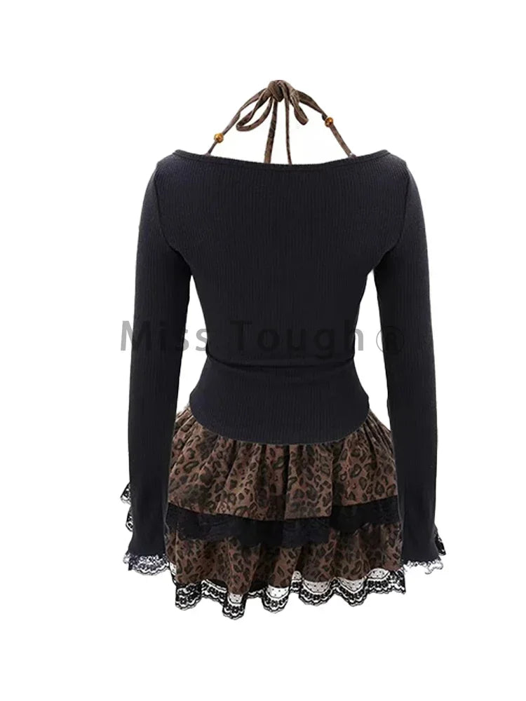 GETADME Autumn Winter Sexy Leopard Print Skirt Suit Women Fake Two Piece Tops + Lace Cake Skirt Set Japanese Y2k Bow Sets 2000s Clothing