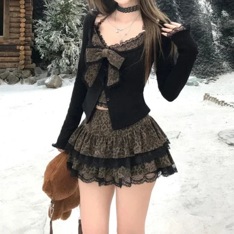 GETADME Autumn Winter Sexy Leopard Print Skirt Suit Women Fake Two Piece Tops + Lace Cake Skirt Set Japanese Y2k Bow Sets 2000s Clothing