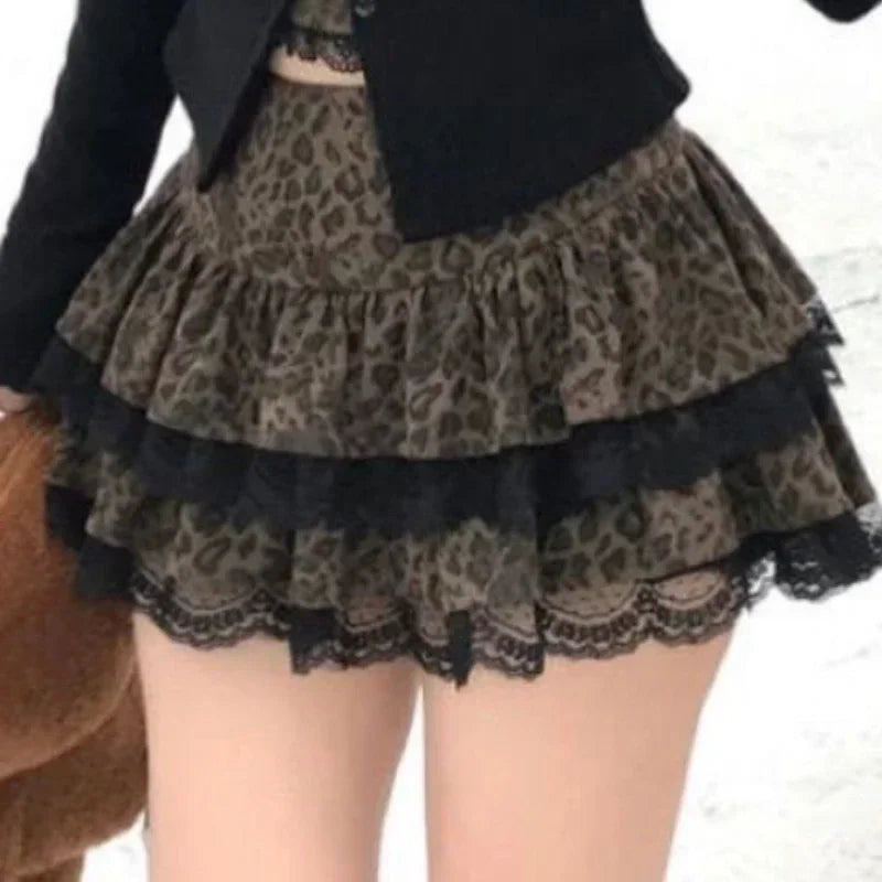 GETADME Autumn Winter Sexy Leopard Print Skirt Suit Women Fake Two Piece Tops + Lace Cake Skirt Set Japanese Y2k Bow Sets 2000s Clothing