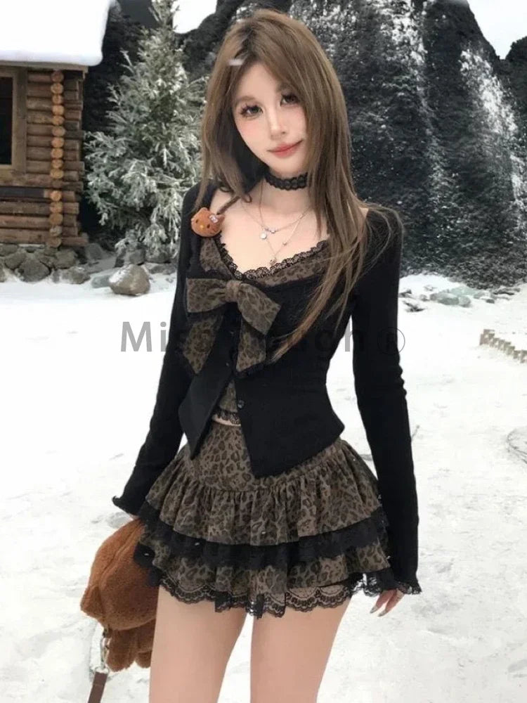 GETADME Autumn Winter Sexy Leopard Print Skirt Suit Women Fake Two Piece Tops + Lace Cake Skirt Set Japanese Y2k Bow Sets 2000s Clothing