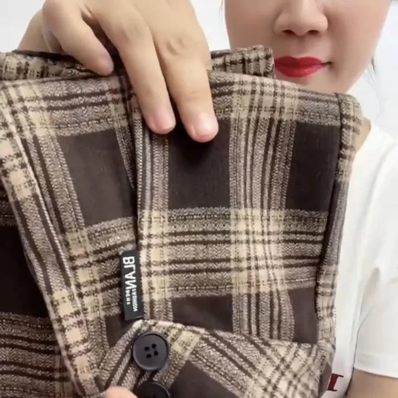 GETADME Autumn Winter Women's Elastic Waist Plaid Shirring Pockets Button Solid Casual Wide Leg Trousers Fashion Office Lady Pants