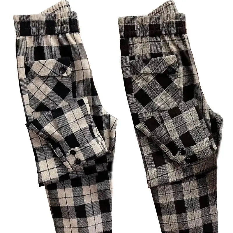 GETADME Autumn Winter Women's Elastic Waist Plaid Shirring Pockets Button Solid Casual Wide Leg Trousers Fashion Office Lady Pants