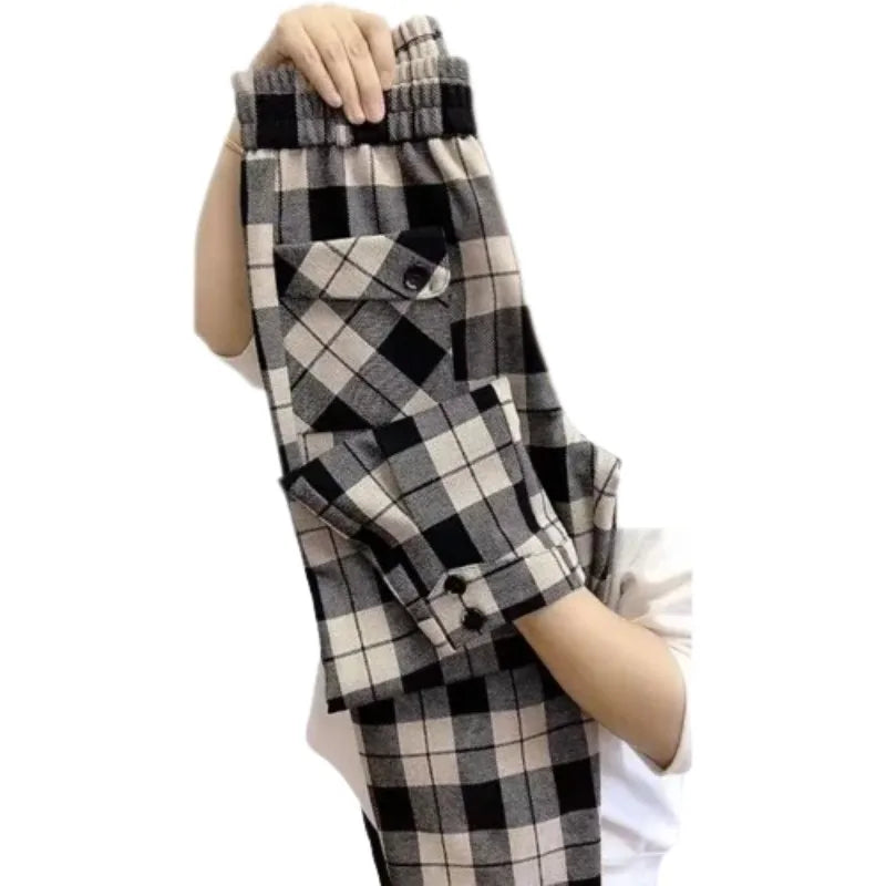 GETADME Autumn Winter Women's Elastic Waist Plaid Shirring Pockets Button Solid Casual Wide Leg Trousers Fashion Office Lady Pants