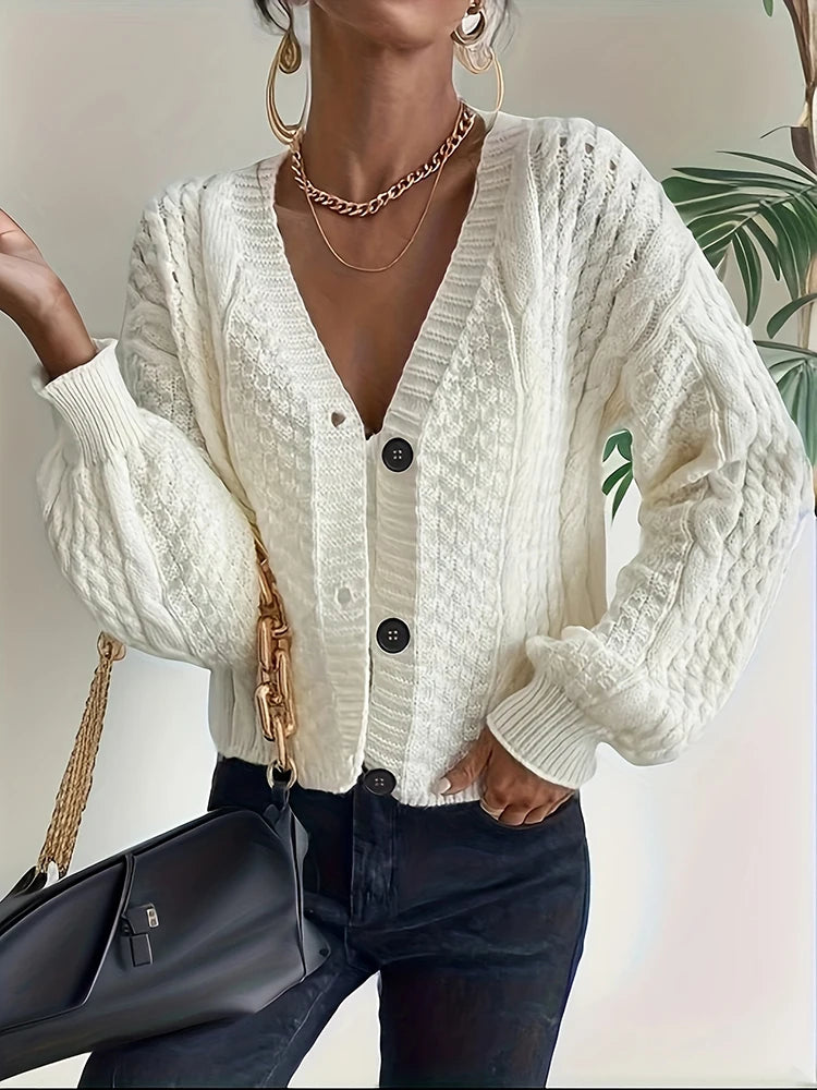 GETADME Autumn Winter white Ribbed Knit cardigan for women Clothes Single Breasted V Lapel Long Sleeve Knitted Buttons-up Sweater jumper
