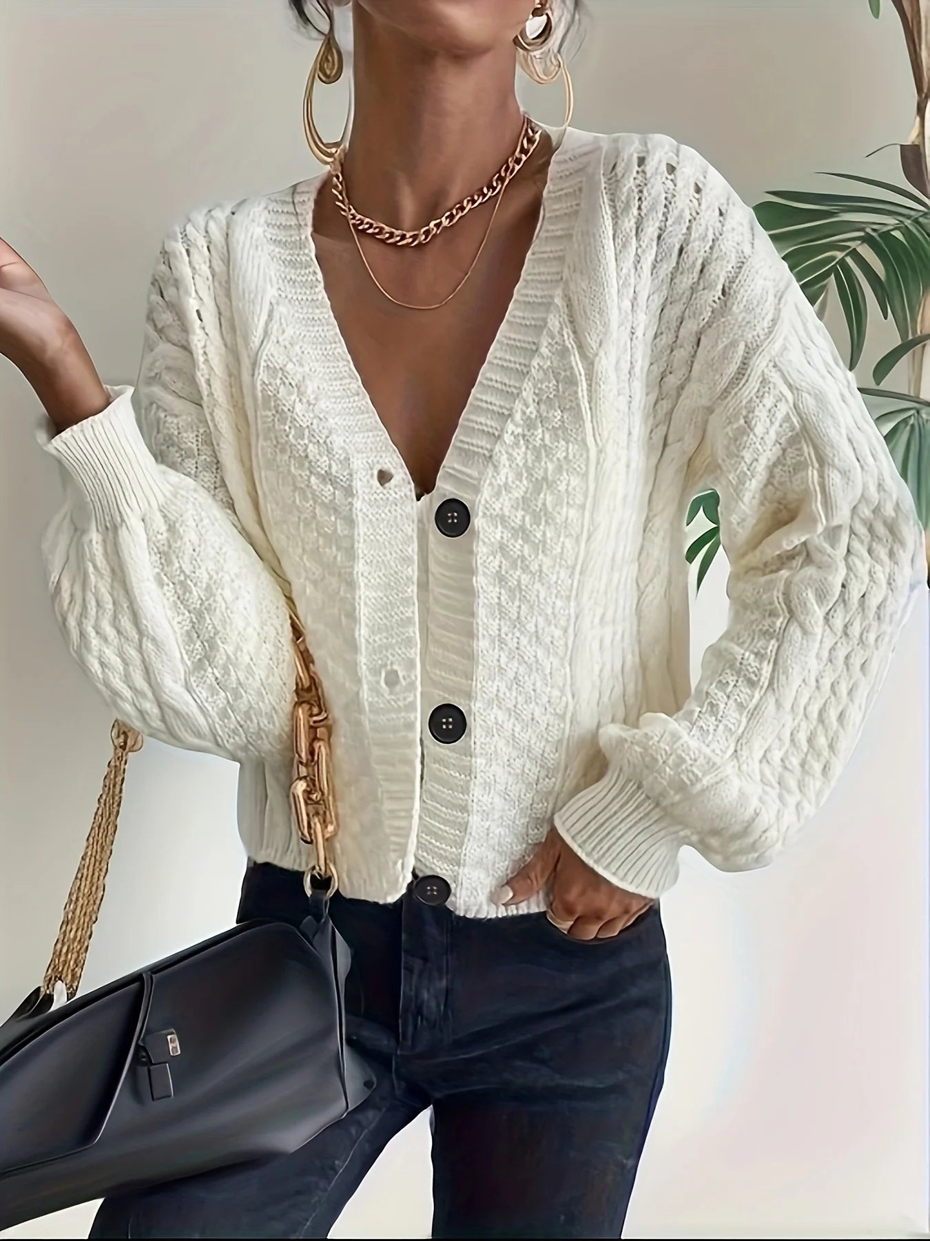 GETADME Autumn Winter white Ribbed Knit cardigan for women Clothes Single Breasted V Lapel Long Sleeve Knitted Buttons-up Sweater jumper