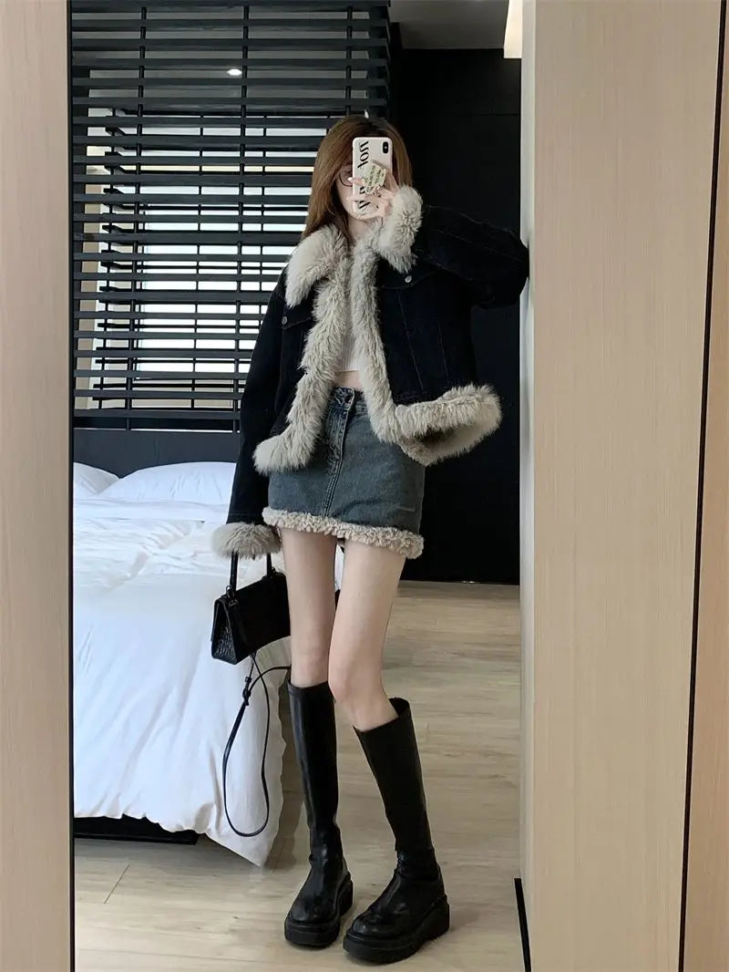 GETADME Autumn and Winter New Warm Suit Women's Fur One-piece Denim Jacket Y2K Fashion Splicing Skirt Goth Skirt Harajuku Two-piece Set