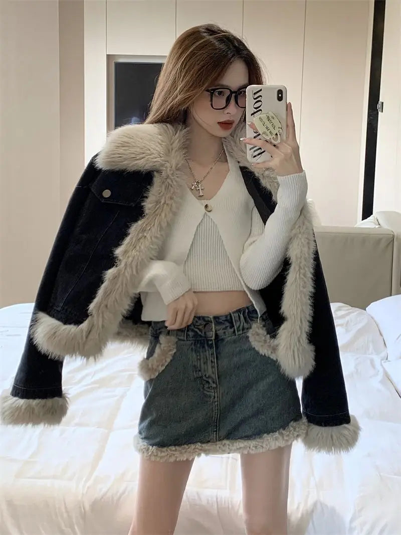 GETADME Autumn and Winter New Warm Suit Women's Fur One-piece Denim Jacket Y2K Fashion Splicing Skirt Goth Skirt Harajuku Two-piece Set