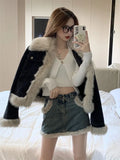 GETADME Autumn and Winter New Warm Suit Women's Fur One-piece Denim Jacket Y2K Fashion Splicing Skirt Goth Skirt Harajuku Two-piece Set