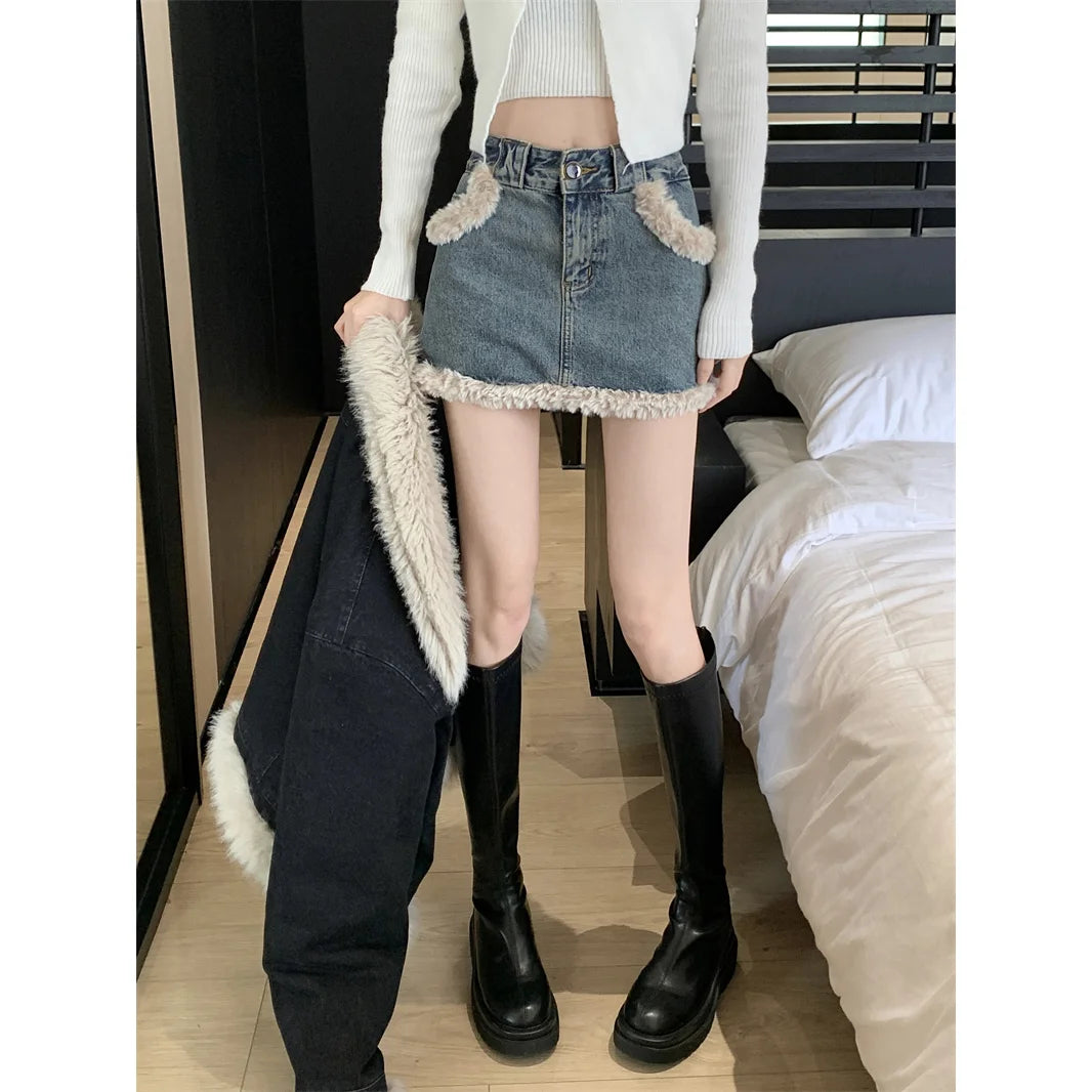 GETADME Autumn and Winter New Warm Suit Women's Fur One-piece Denim Jacket Y2K Fashion Splicing Skirt Goth Skirt Harajuku Two-piece Set