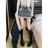 GETADME Autumn and Winter New Warm Suit Women's Fur One-piece Denim Jacket Y2K Fashion Splicing Skirt Goth Skirt Harajuku Two-piece Set