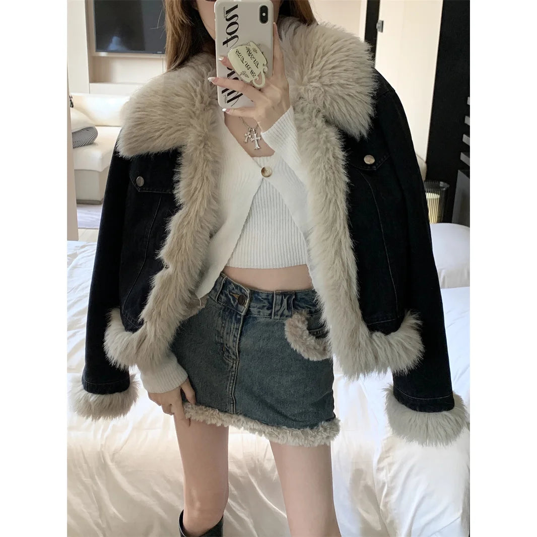 GETADME Autumn and Winter New Warm Suit Women's Fur One-piece Denim Jacket Y2K Fashion Splicing Skirt Goth Skirt Harajuku Two-piece Set