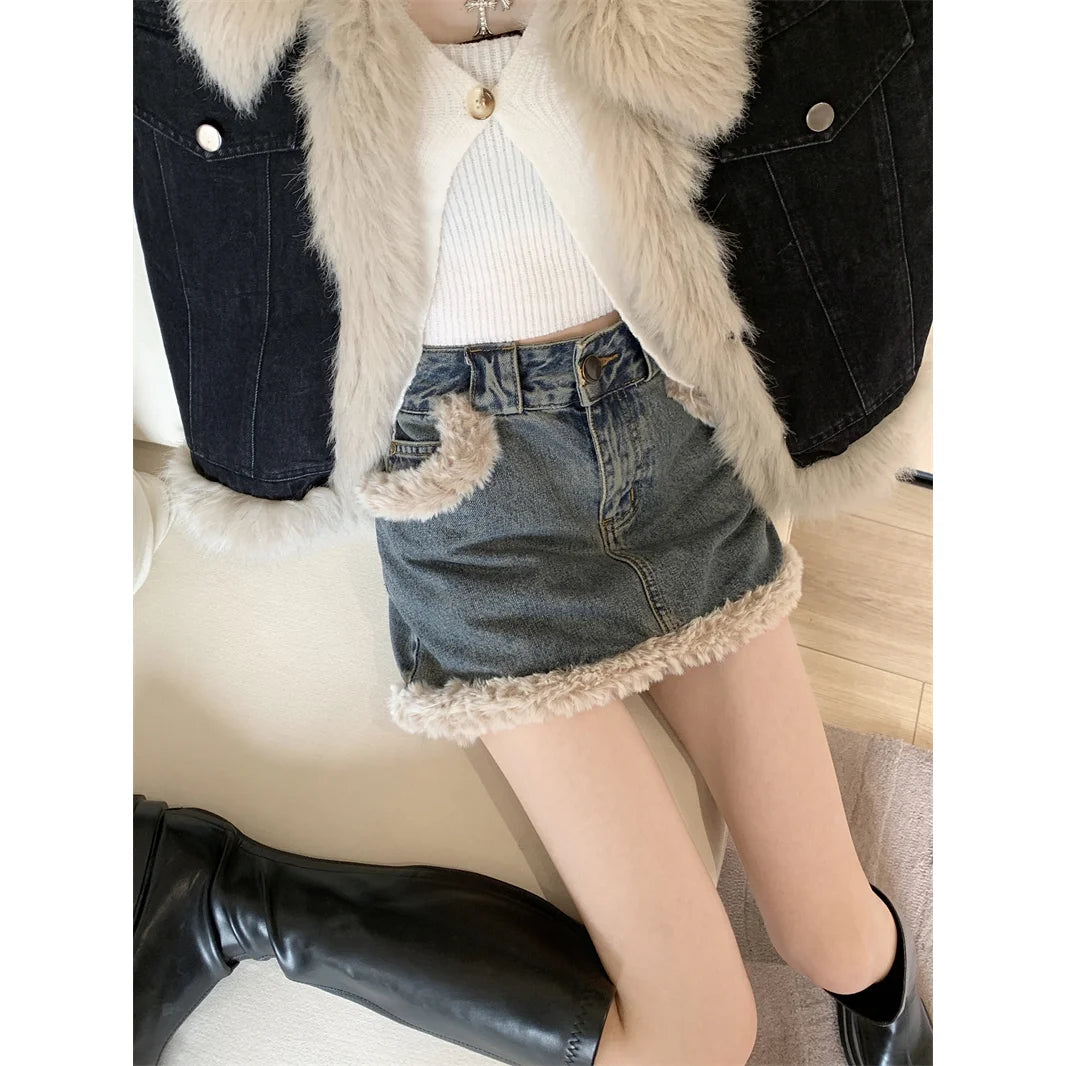 GETADME Autumn and Winter New Warm Suit Women's Fur One-piece Denim Jacket Y2K Fashion Splicing Skirt Goth Skirt Harajuku Two-piece Set