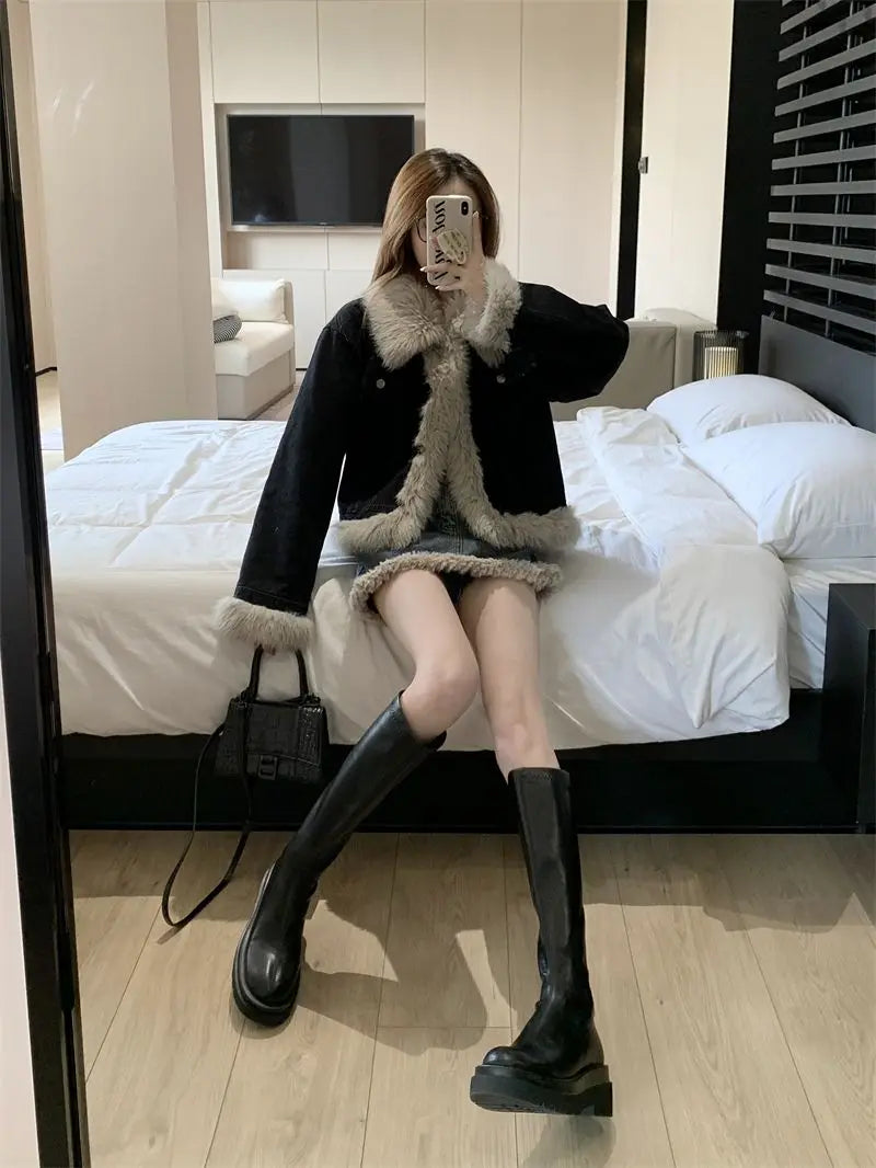 GETADME Autumn and Winter New Warm Suit Women's Fur One-piece Denim Jacket Y2K Fashion Splicing Skirt Goth Skirt Harajuku Two-piece Set