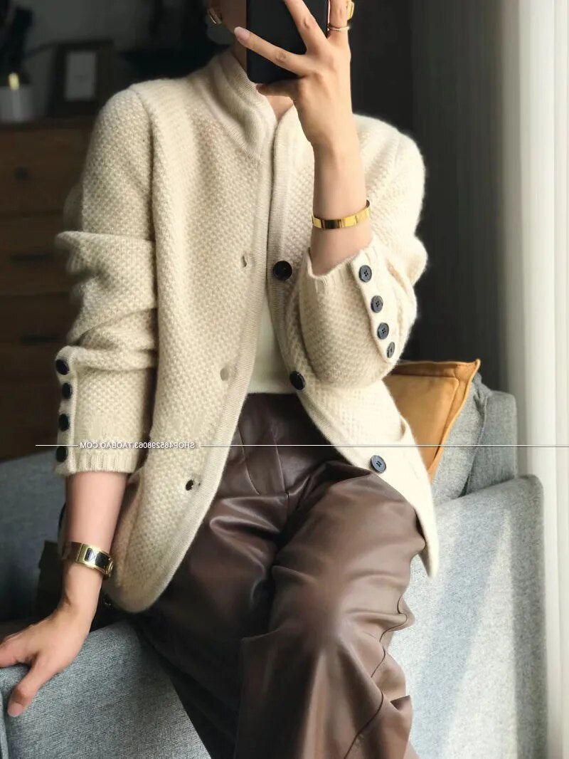 Getadme Autumn winter new thickened 100% pure sweater loose knit base sweater jacket cashmere cardigan women stand neck sweater