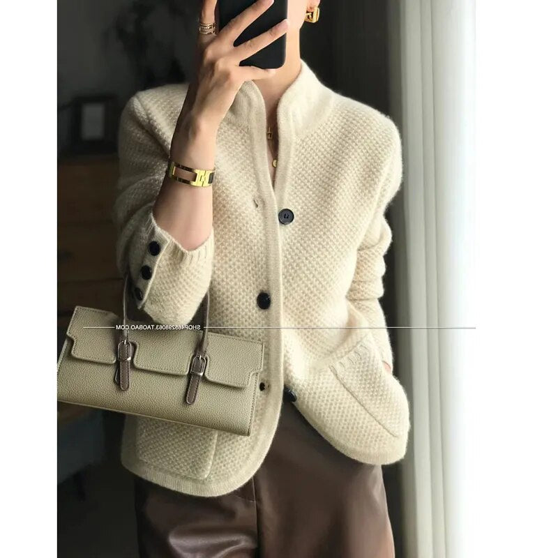 Getadme Autumn winter new thickened 100% pure sweater loose knit base sweater jacket cashmere cardigan women stand neck sweater