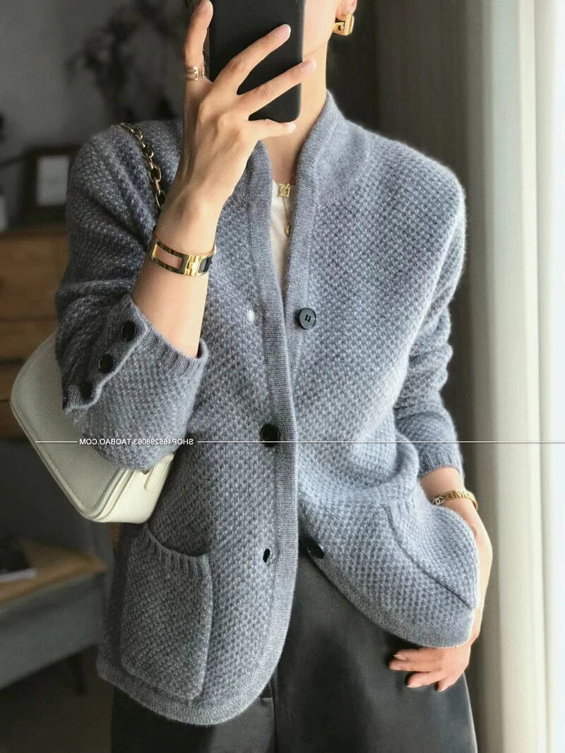 Getadme Autumn winter new thickened 100% pure sweater loose knit base sweater jacket cashmere cardigan women stand neck sweater