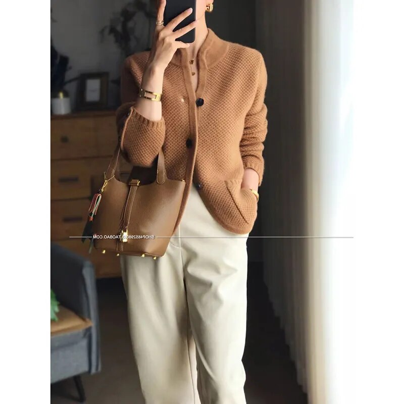 Getadme Autumn winter new thickened 100% pure sweater loose knit base sweater jacket cashmere cardigan women stand neck sweater