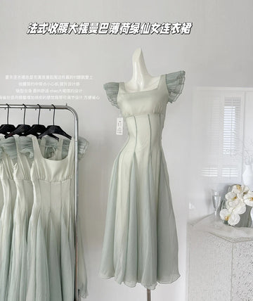 Getadme Bomon French Elegant Princess Fairy Women's Long Dress Mint Green Skirt Swing Evening Dress Casual Romantic Fashion Waist Dress