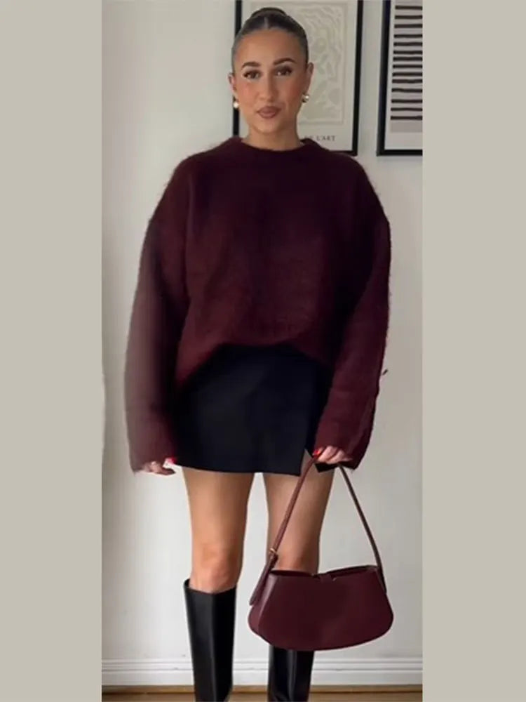 GETADME Casual Loose Woman's Fashion Solid Color Knitted Pullover Chic Classic Full Sleeved O Neck Sweater Autumn New Female Jumper 2024