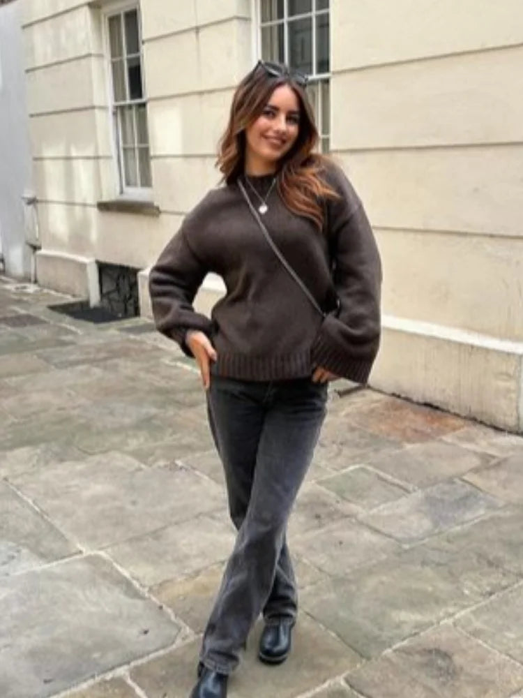 GETADME Casual Loose Woman's Fashion Solid Color Knitted Pullover Chic Classic Full Sleeved O Neck Sweater Autumn New Female Jumper 2024