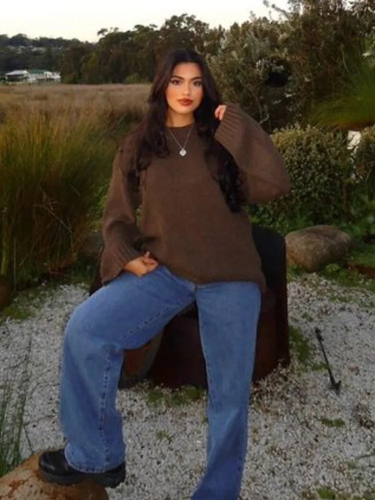 GETADME Casual Loose Woman's Fashion Solid Color Knitted Pullover Chic Classic Full Sleeved O Neck Sweater Autumn New Female Jumper 2024