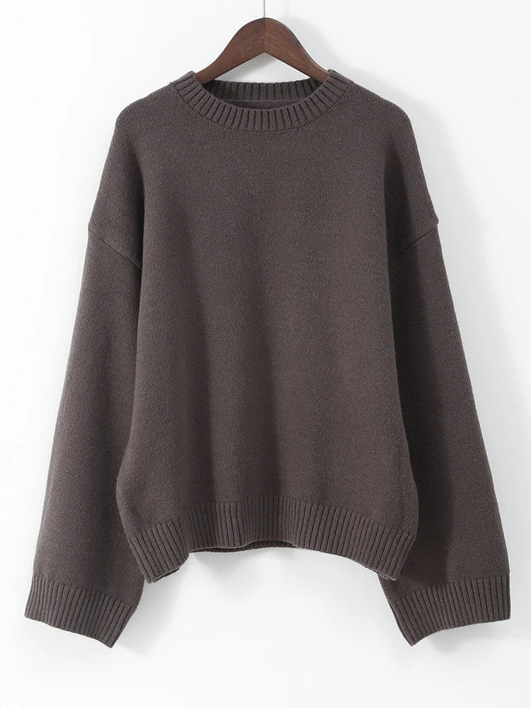 GETADME Casual Loose Woman's Fashion Solid Color Knitted Pullover Chic Classic Full Sleeved O Neck Sweater Autumn New Female Jumper 2024