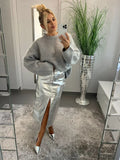 GETADME Casual O-neck Long Sleeved Knitted Pullover Women Fashion Grey Mohair Thick Loose Sweater 2024 Lady Commute High Street Fall Top