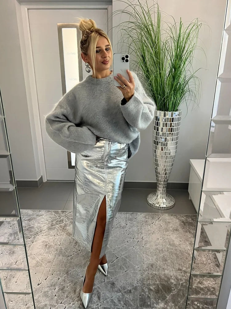 GETADME Casual O-neck Long Sleeved Knitted Pullover Women Fashion Grey Mohair Thick Loose Sweater 2024 Lady Commute High Street Fall Top