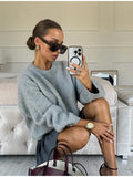 GETADME Casual O-neck Long Sleeved Knitted Pullover Women Fashion Grey Mohair Thick Loose Sweater 2024 Lady Commute High Street Fall Top