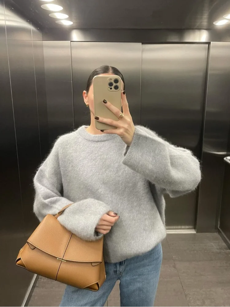 GETADME Casual O-neck Long Sleeved Knitted Pullover Women Fashion Grey Mohair Thick Loose Sweater 2024 Lady Commute High Street Fall Top
