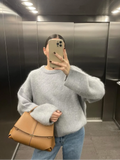GETADME Casual O-neck Long Sleeved Knitted Pullover Women Fashion Grey Mohair Thick Loose Sweater 2024 Lady Commute High Street Fall Top