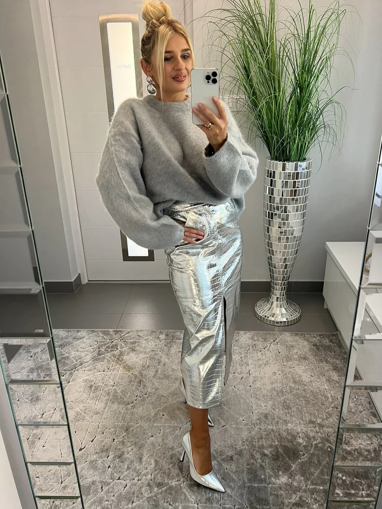 GETADME Casual O-neck Long Sleeved Knitted Pullover Women Fashion Grey Mohair Thick Loose Sweater 2024 Lady Commute High Street Fall Top