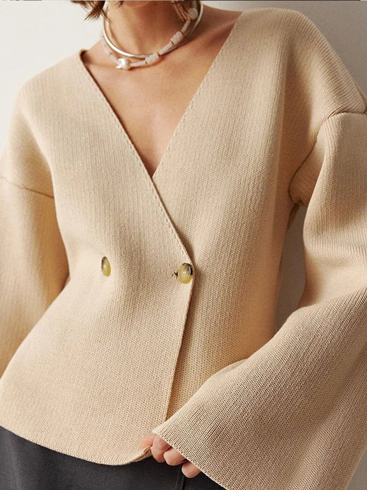 GETADME Chic Brown V-neck Knitted Cardigan For Women 2024 Elegant Double Buttons Long Sleeve Sweater Autumn Lady Stylish Casual Knitwear