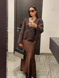 GETADME Chic Brown V-neck Knitted Cardigan For Women 2024 Elegant Double Buttons Long Sleeve Sweater Autumn Lady Stylish Casual Knitwear