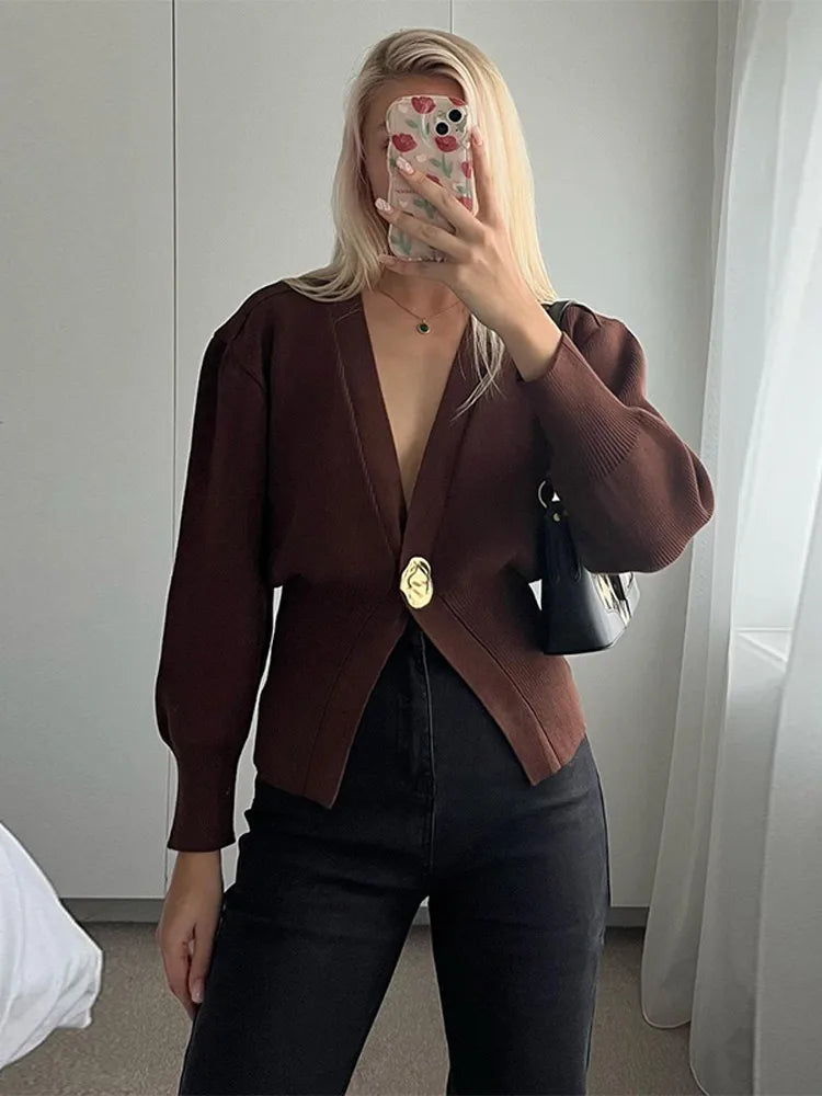 GETADME Chic Brown V-neck Knitted Cardigan For Women 2024 Elegant Double Buttons Long Sleeve Sweater Autumn Lady Stylish Casual Knitwear