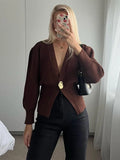 GETADME Chic Brown V-neck Knitted Cardigan For Women 2024 Elegant Double Buttons Long Sleeve Sweater Autumn Lady Stylish Casual Knitwear