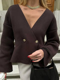 GETADME Chic Brown V-neck Knitted Cardigan For Women 2024 Elegant Double Buttons Long Sleeve Sweater Autumn Lady Stylish Casual Knitwear
