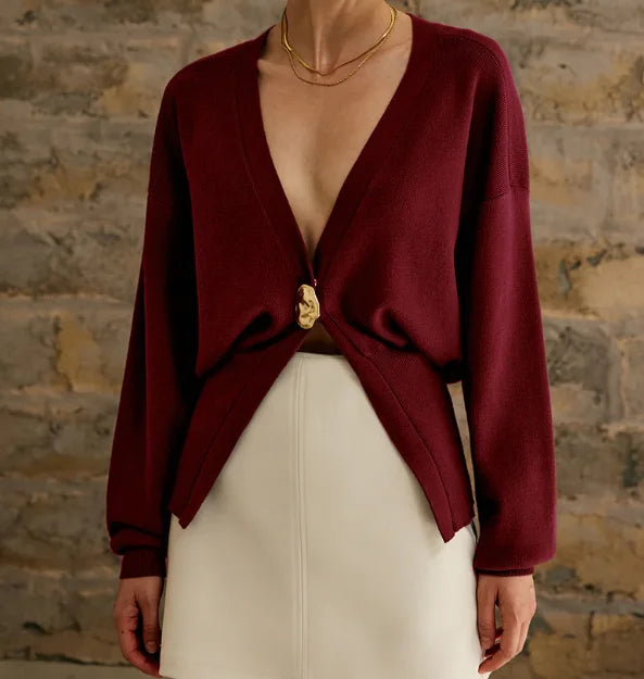 GETADME Chic Brown V-neck Knitted Cardigan For Women 2024 Elegant Double Buttons Long Sleeve Sweater Autumn Lady Stylish Casual Knitwear
