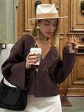 GETADME Chic Brown V-neck Knitted Cardigan For Women 2024 Elegant Double Buttons Long Sleeve Sweater Autumn Lady Stylish Casual Knitwear