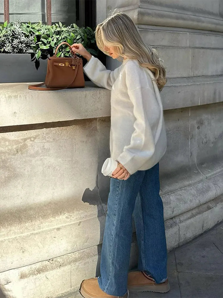 GETADME Classic White O-neck Cashmere Sweater For Women Casual Loose Long Sleeve Knitted Jumper 2024 Autumn Lady High Street Pullovers