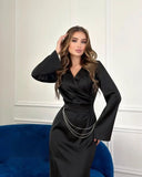 GETADME DSMTRC Women Party Dress Fashion High Waist Chains Design Long Dress V-neck Elegant Satin Autumn Long Sleeve Straight Maxi Dress