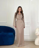 GETADME DSMTRC Women Party Dress Fashion High Waist Chains Design Long Dress V-neck Elegant Satin Autumn Long Sleeve Straight Maxi Dress